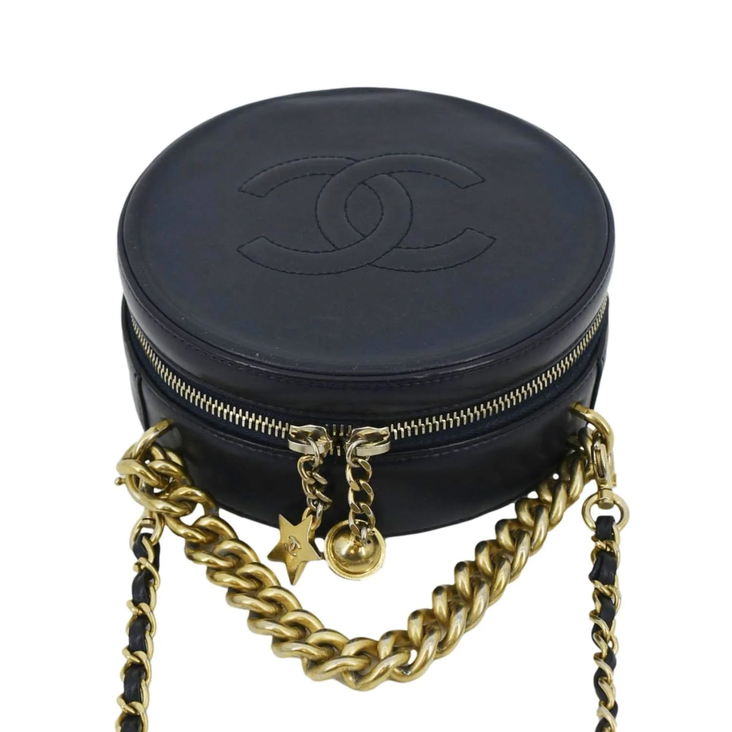 CHANEL Glazed Round As Earth Leather Evening Crossbody Bag Navy Blue
