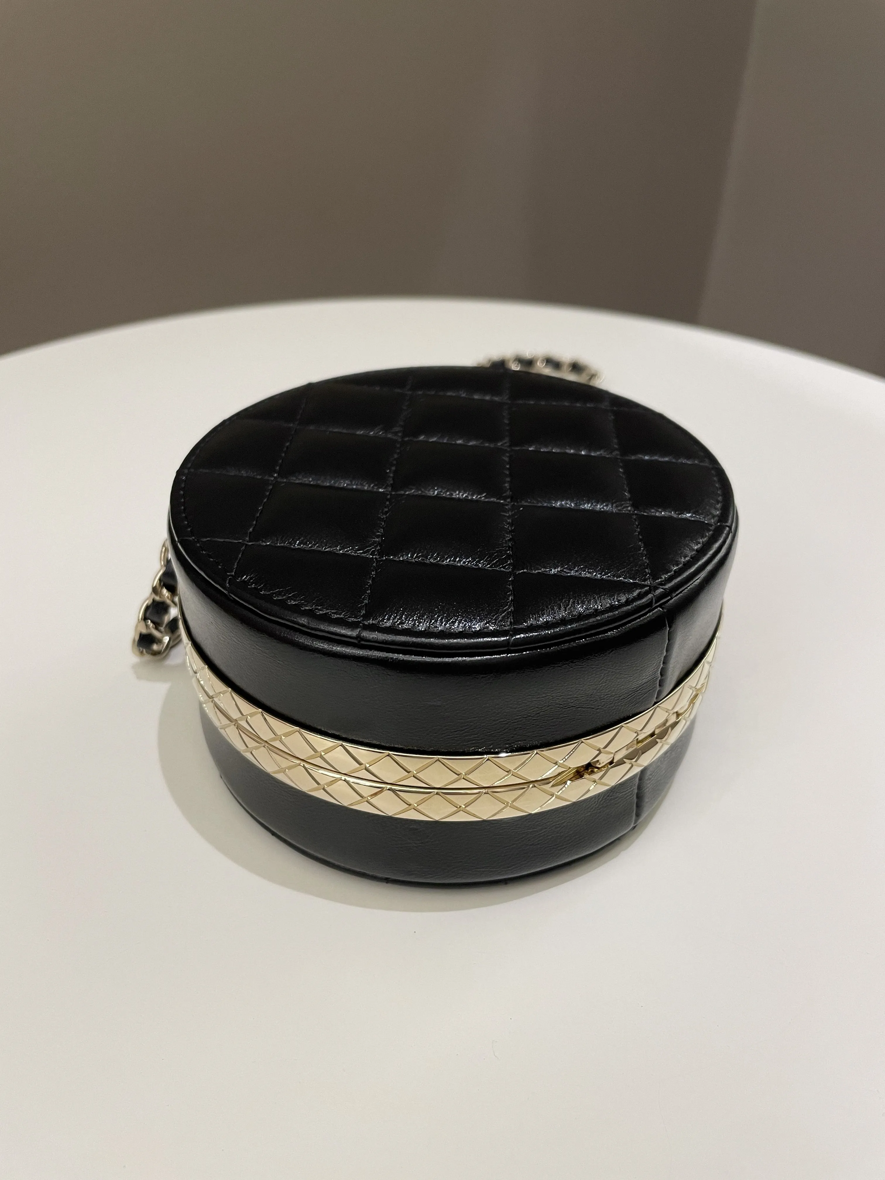 Chanel Quilted Round Evening Chain Clutch Black Lambskin