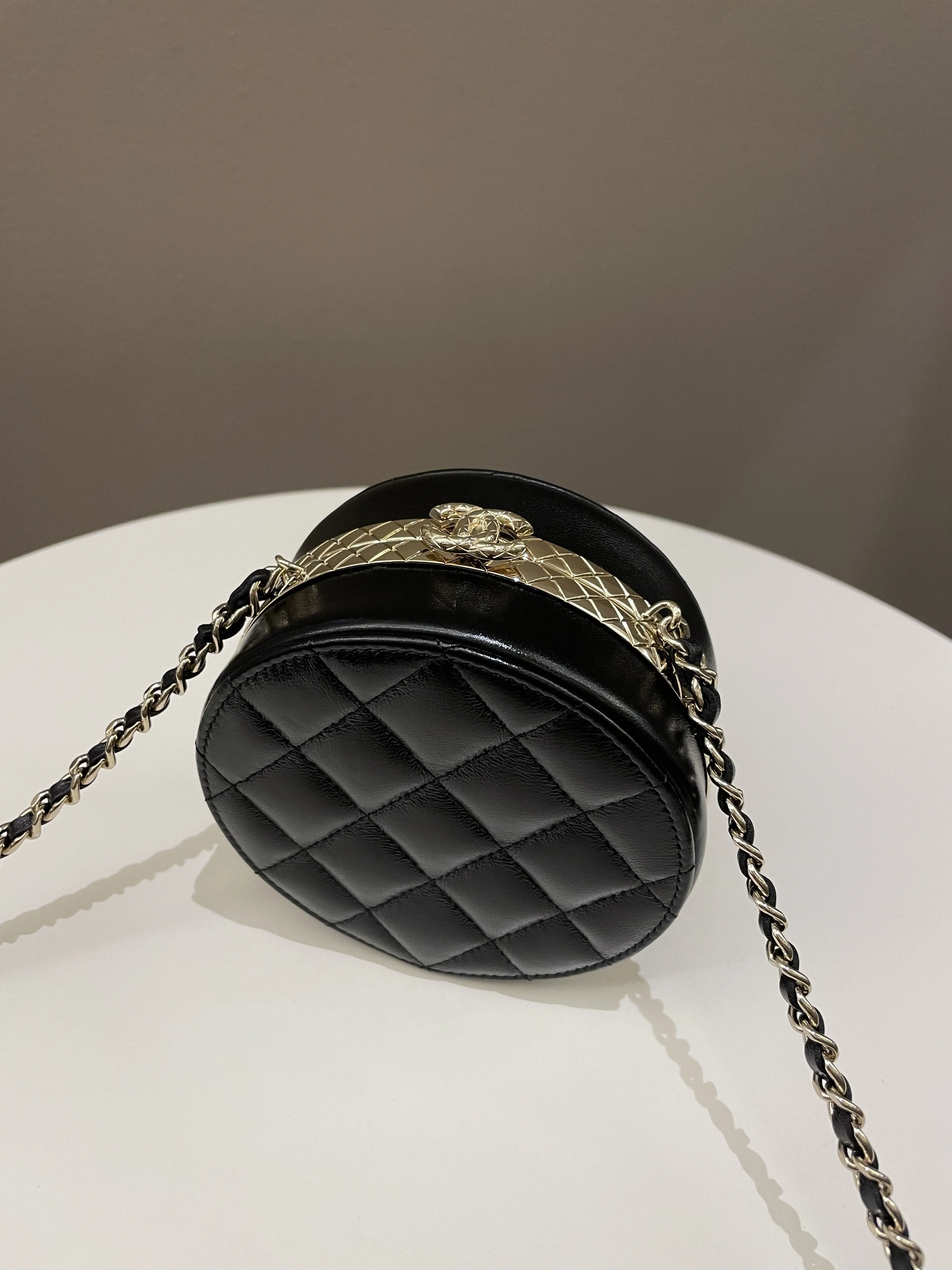 Chanel Quilted Round Evening Chain Clutch Black Lambskin