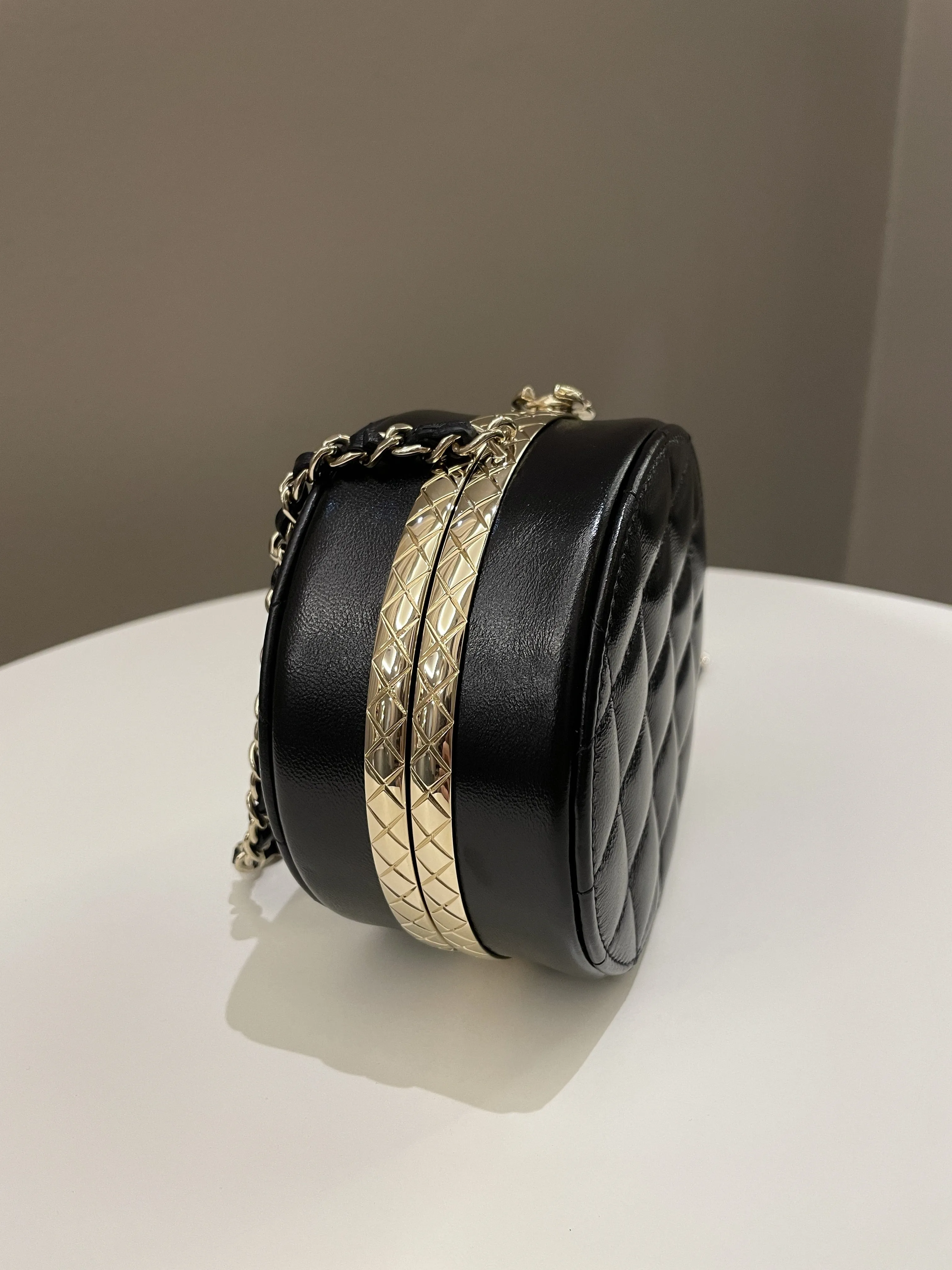 Chanel Quilted Round Evening Chain Clutch Black Lambskin