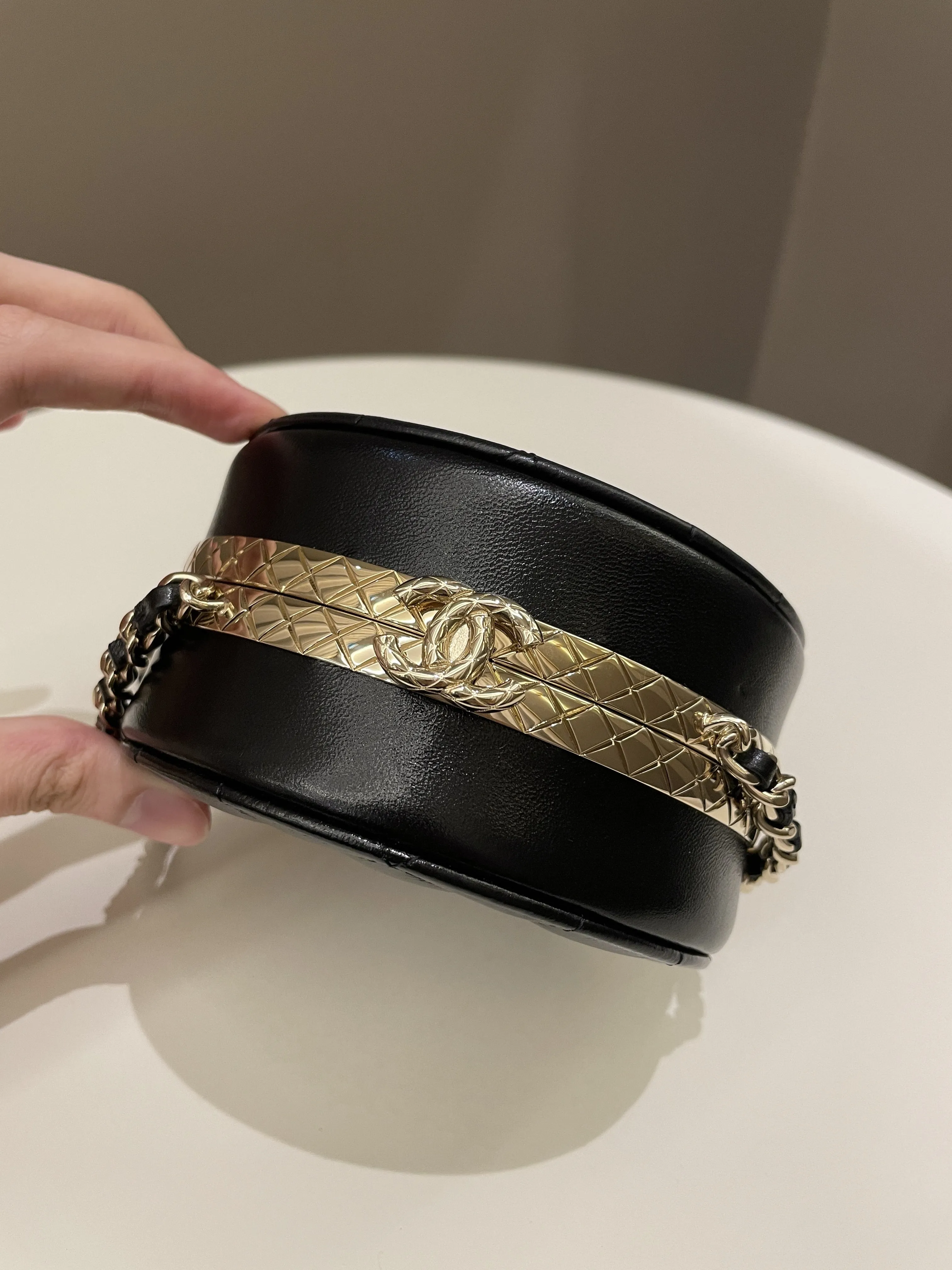 Chanel Quilted Round Evening Chain Clutch Black Lambskin