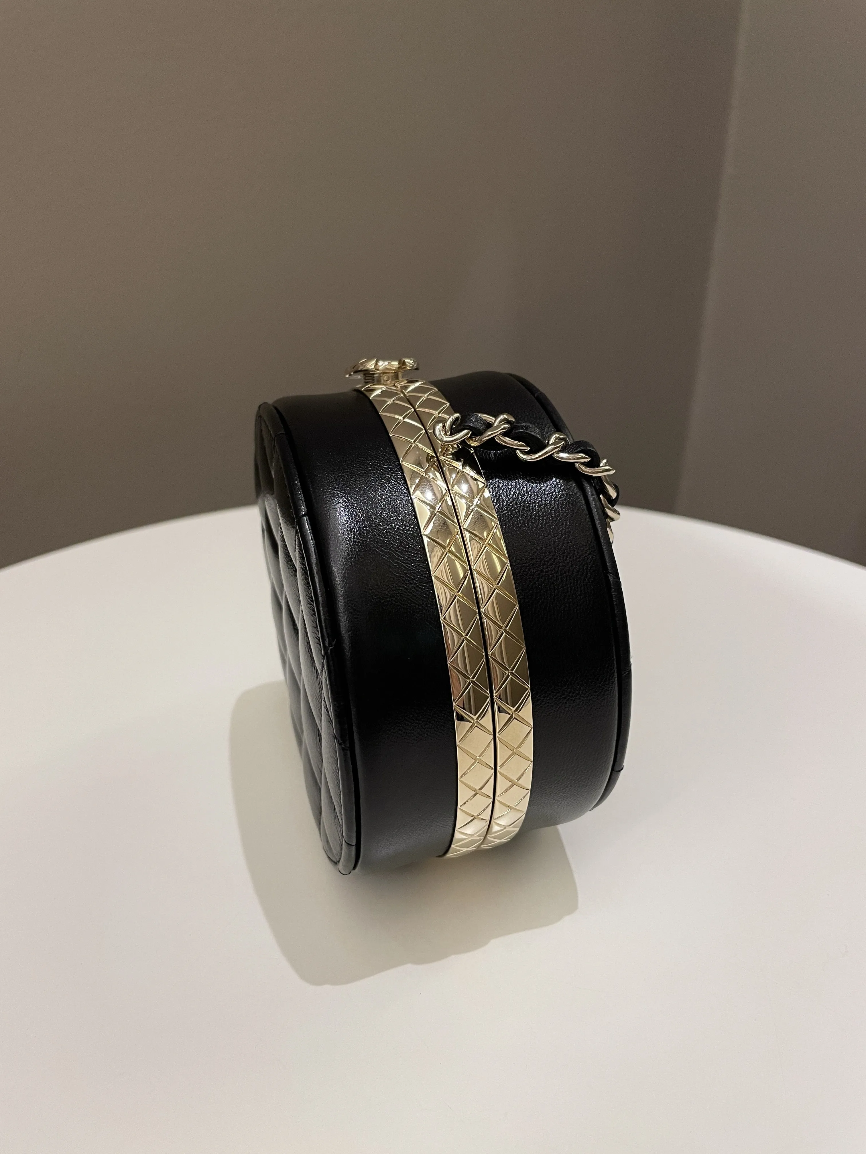 Chanel Quilted Round Evening Chain Clutch Black Lambskin