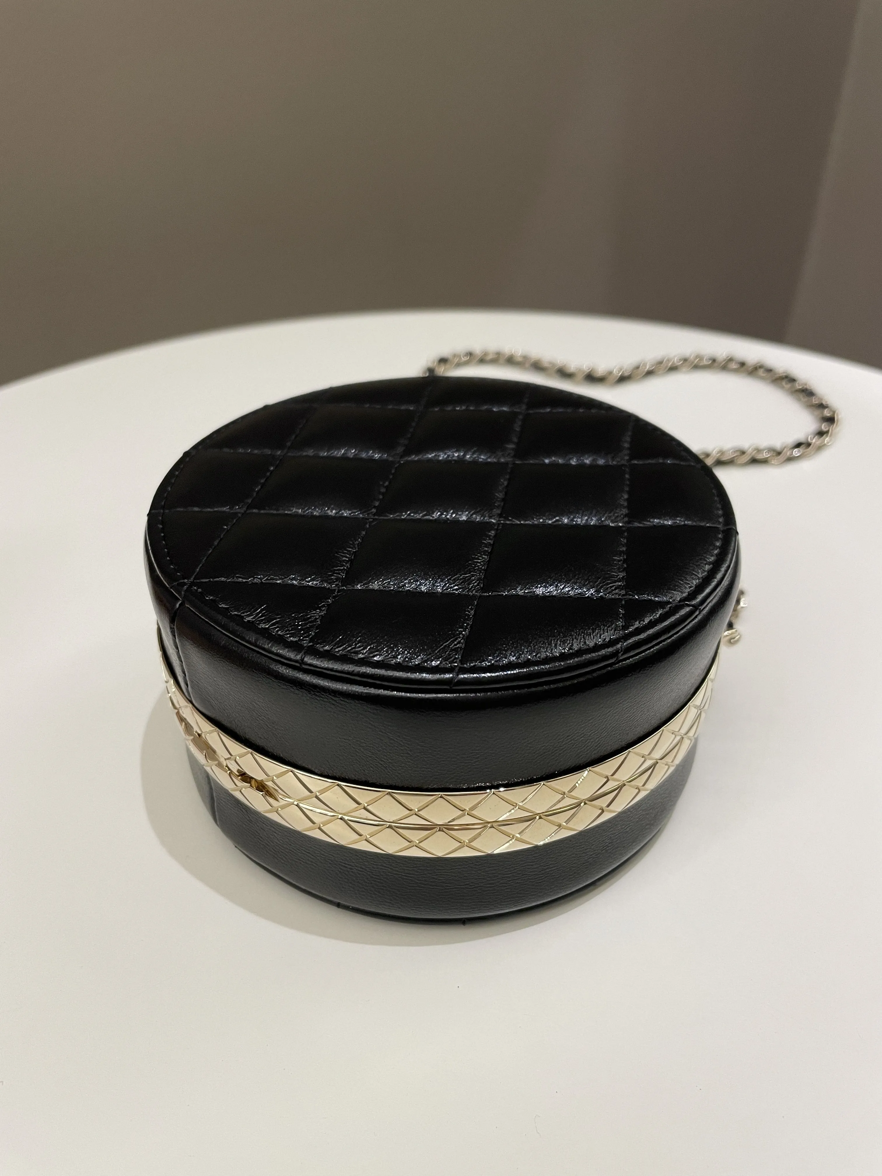 Chanel Quilted Round Evening Chain Clutch Black Lambskin