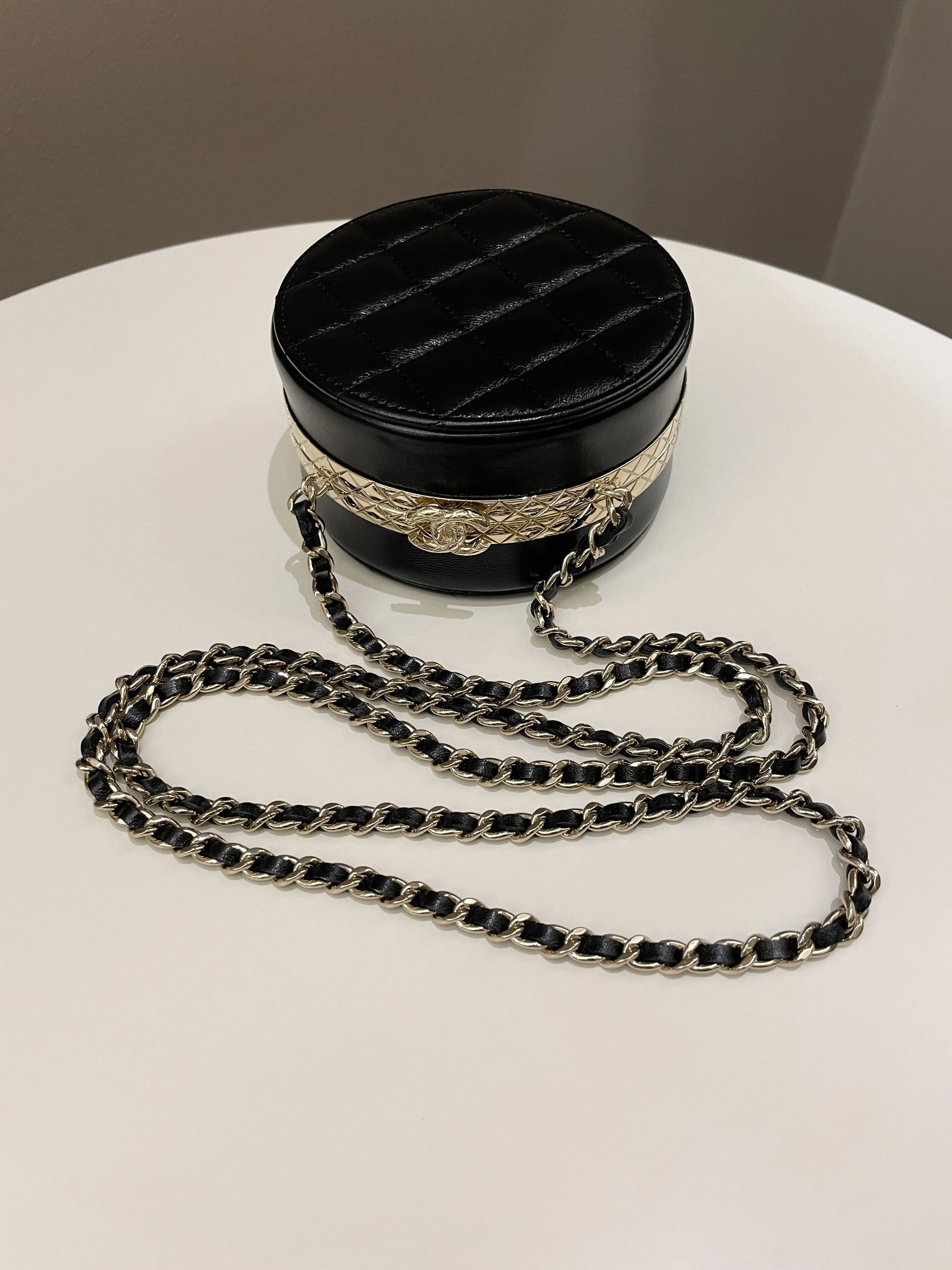 Chanel Quilted Round Evening Chain Clutch Black Lambskin