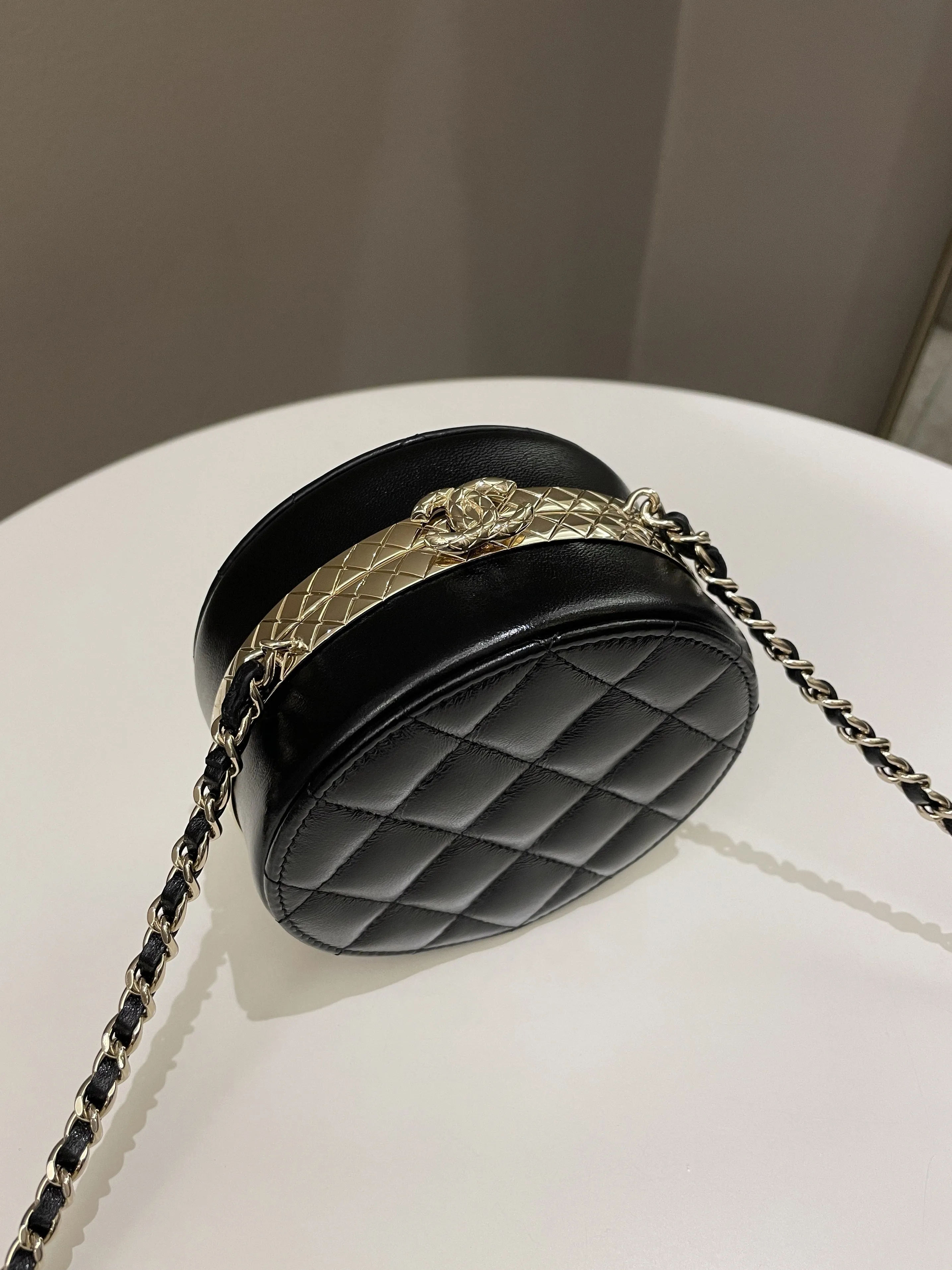Chanel Quilted Round Evening Chain Clutch Black Lambskin