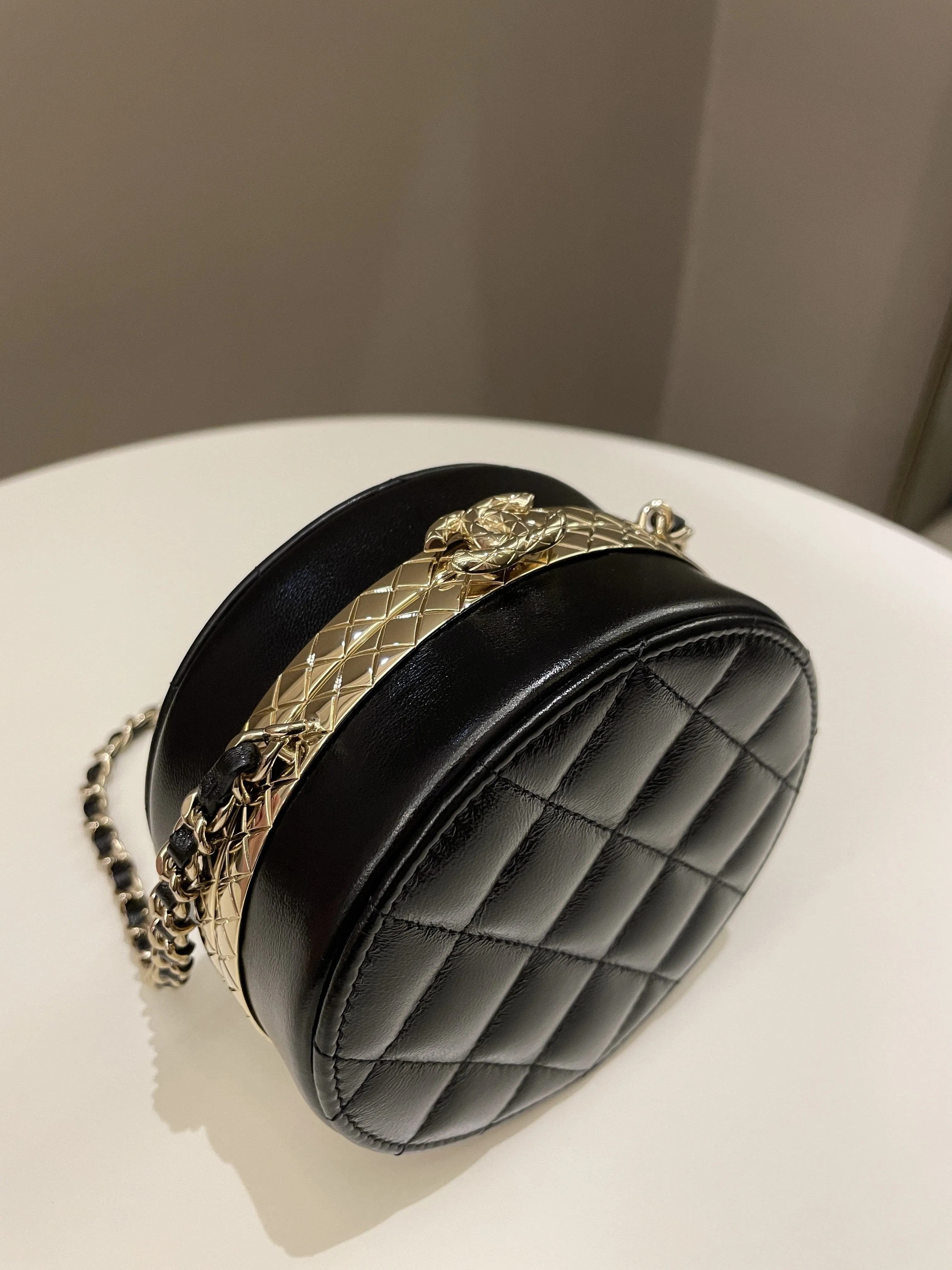 Chanel Quilted Round Evening Chain Clutch Black Lambskin