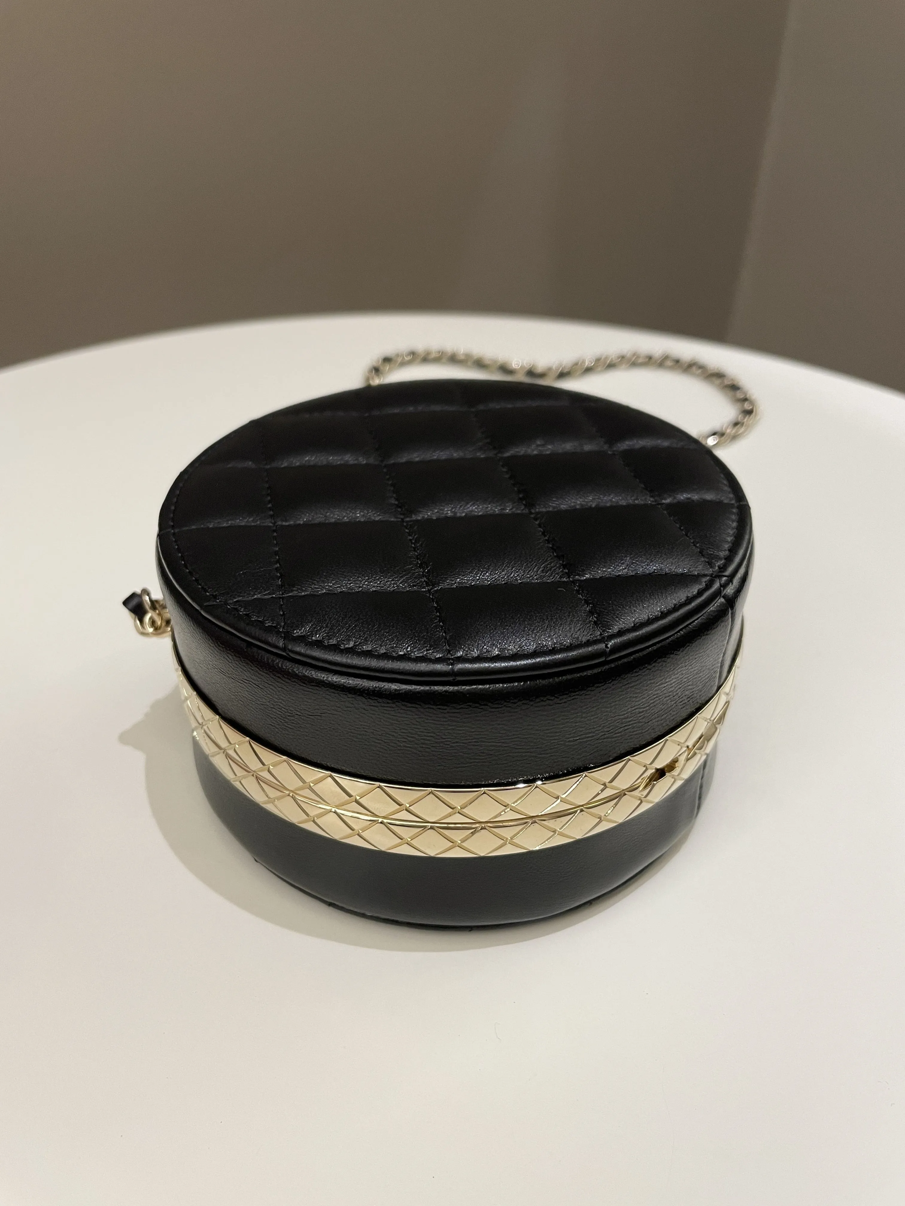 Chanel Quilted Round Evening Chain Clutch Black Lambskin