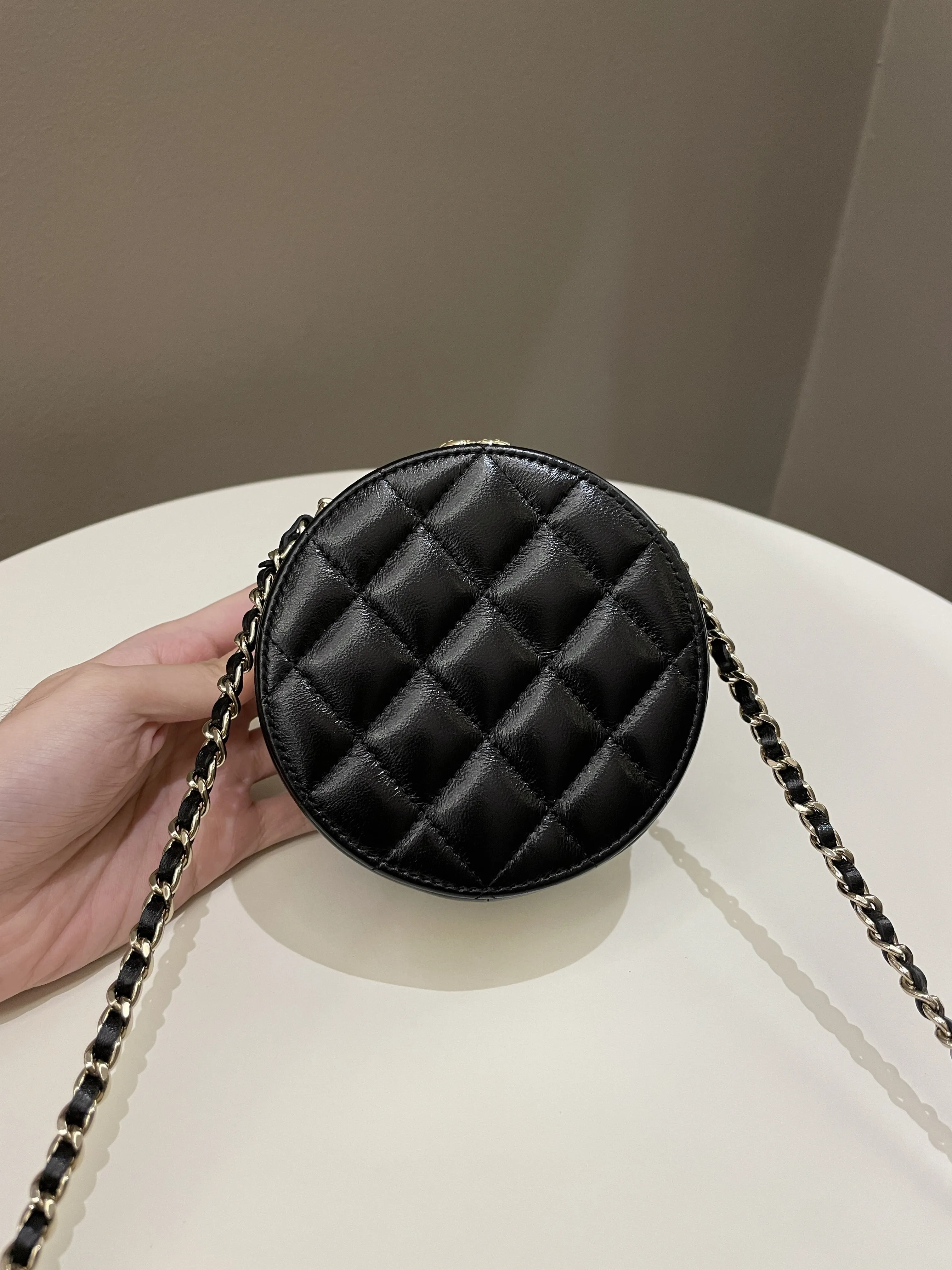 Chanel Quilted Round Evening Chain Clutch Black Lambskin