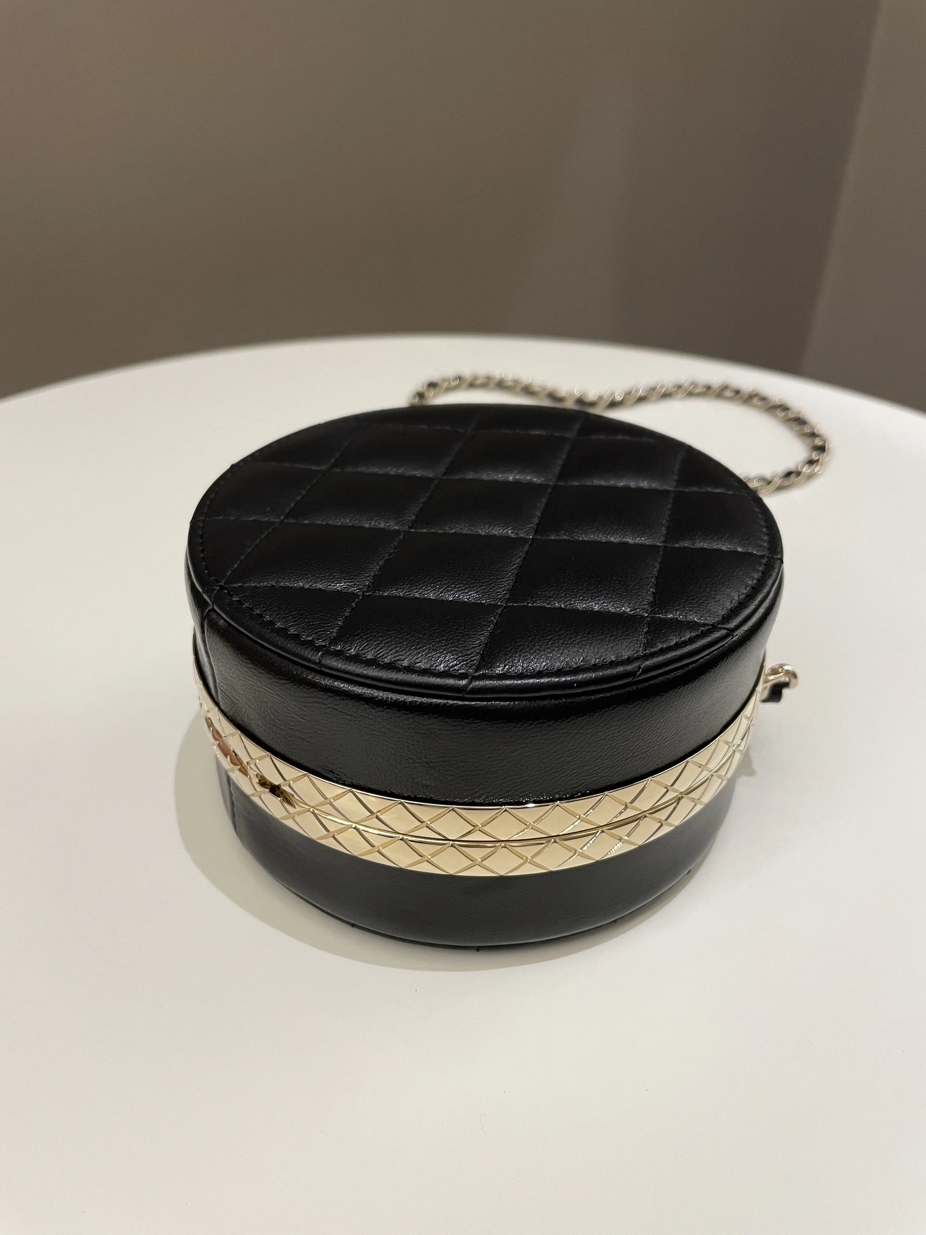 Chanel Quilted Round Evening Chain Clutch Black Lambskin