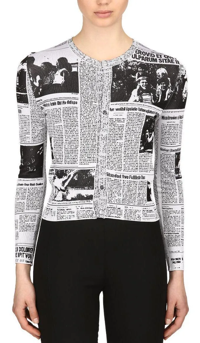 Cropped Jacquard-Knit Newspaper Cardigan