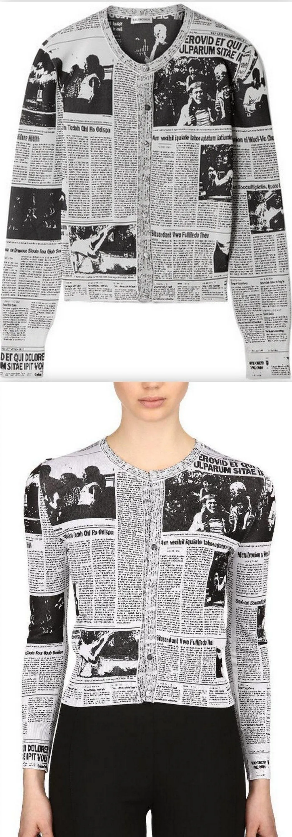 Cropped Jacquard-Knit Newspaper Cardigan