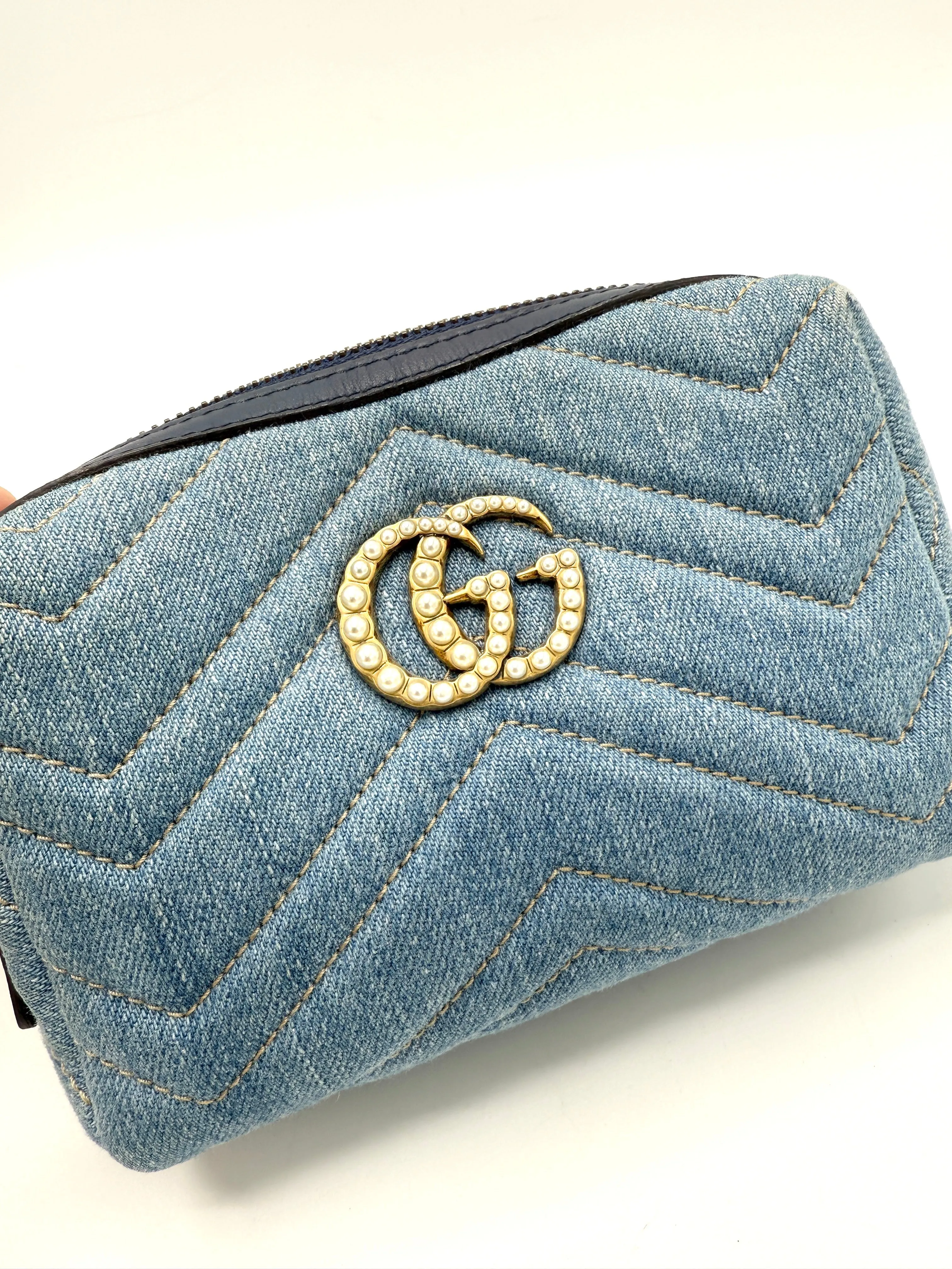 GG Pearly Marmont Denim Zip Toiletry Pouch