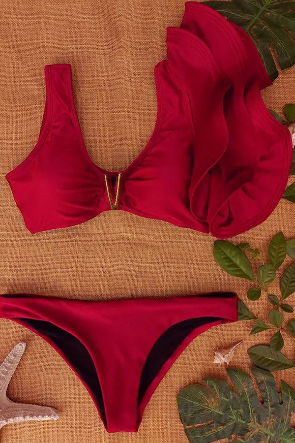 Red V Neck Layered Ruffles Striking Bikini