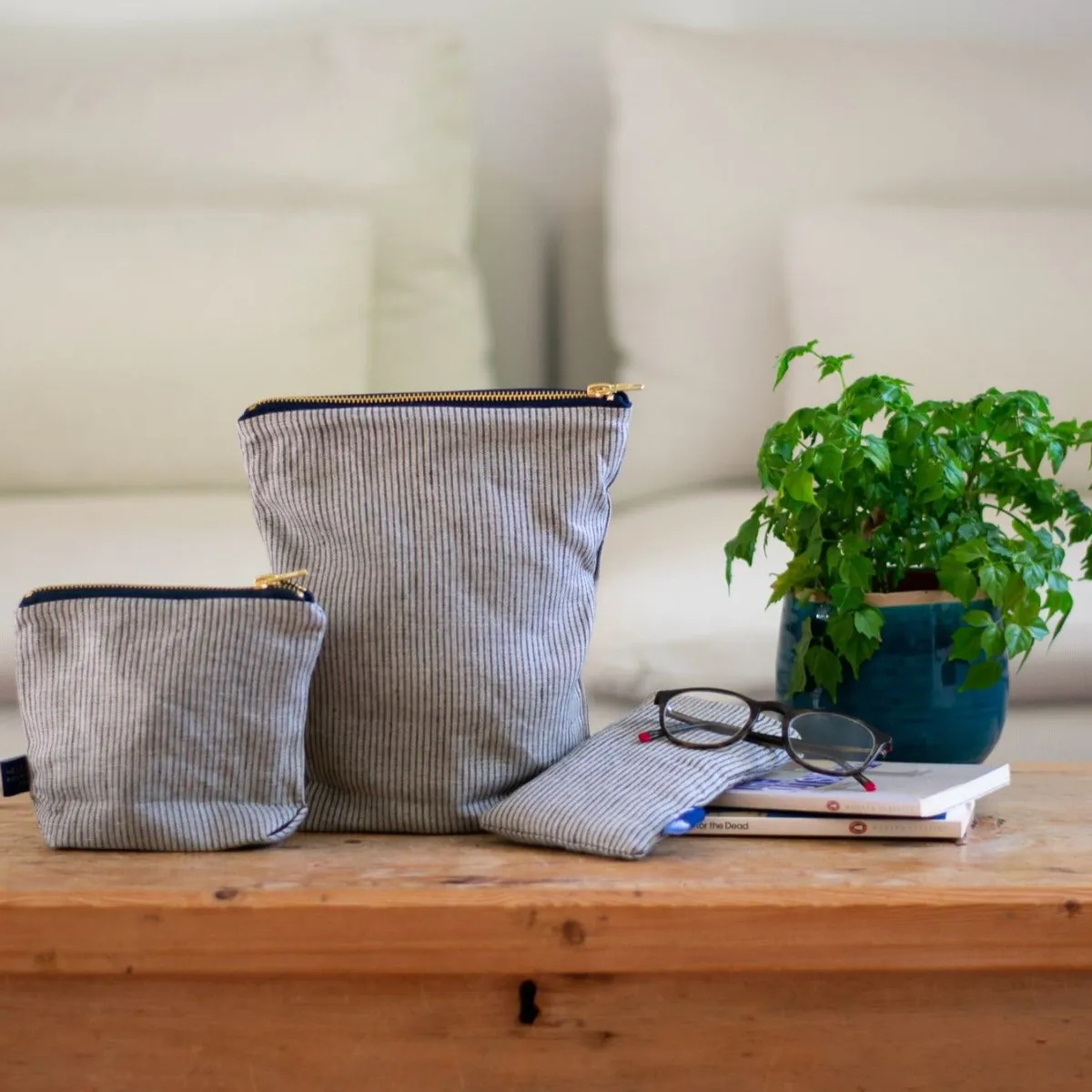 Striped Blue/Natural Linen MakeUp Bag