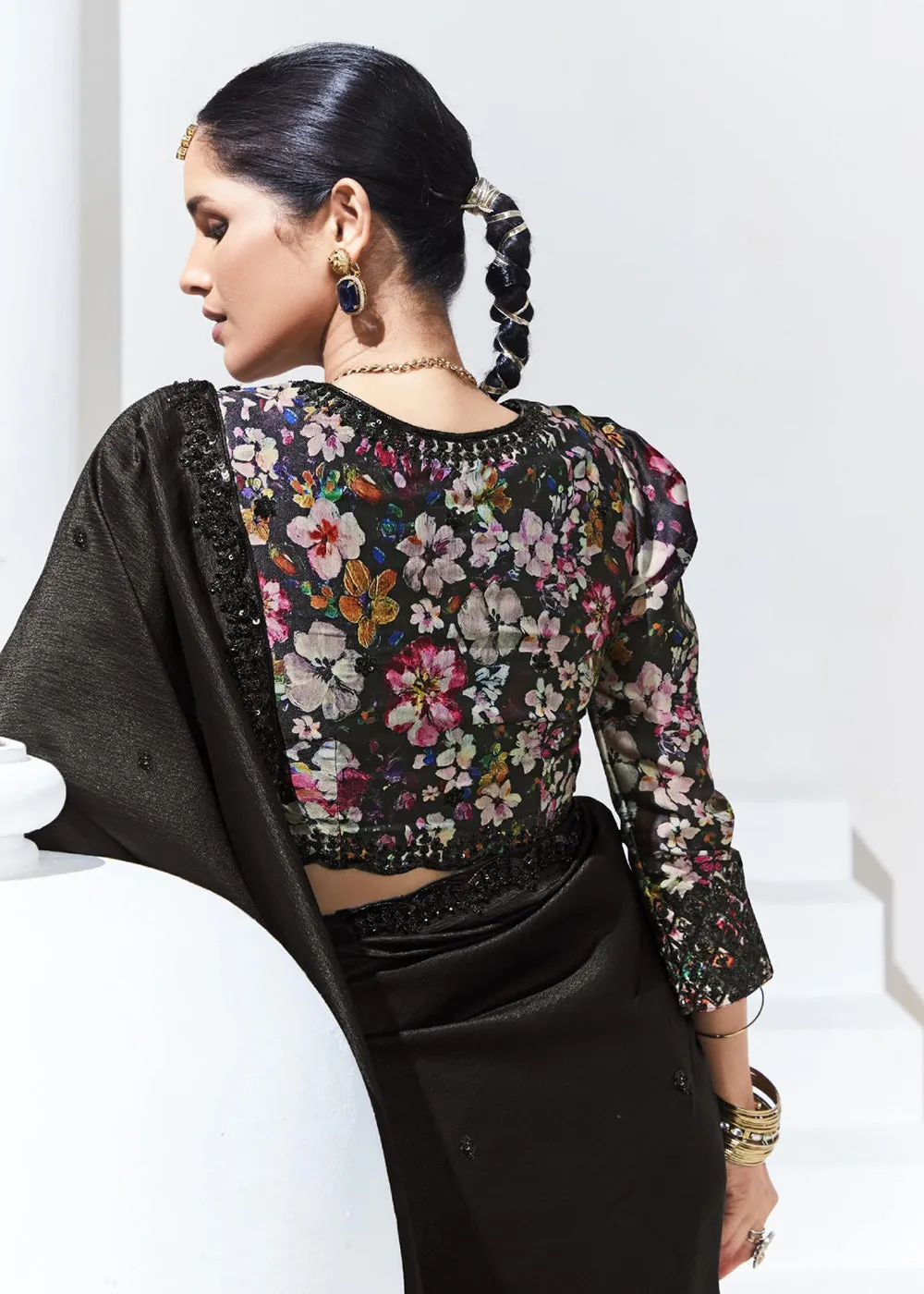 Stunning Black Organza Embroidered Party Wear Saree