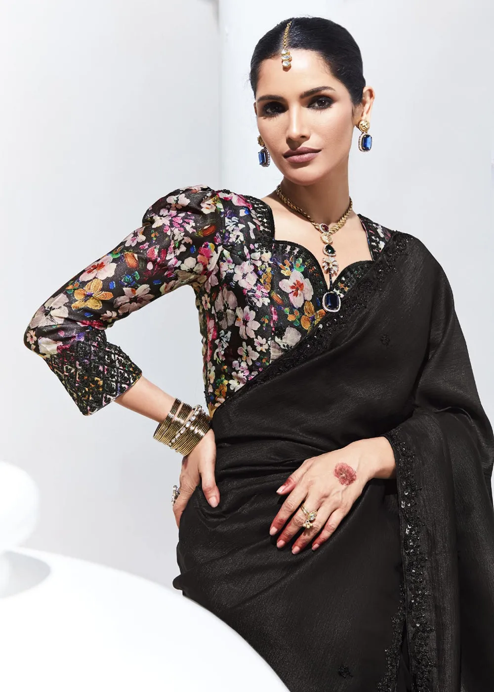 Stunning Black Organza Embroidered Party Wear Saree